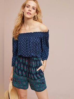 Ett:twa by Anthropologie Kaleo Off-the-Shoulder Boho Floral Romper- Small
